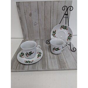 Apulum Porcelain Holly Berries Christmas Tree Tea Cup & Saucer Set of 2